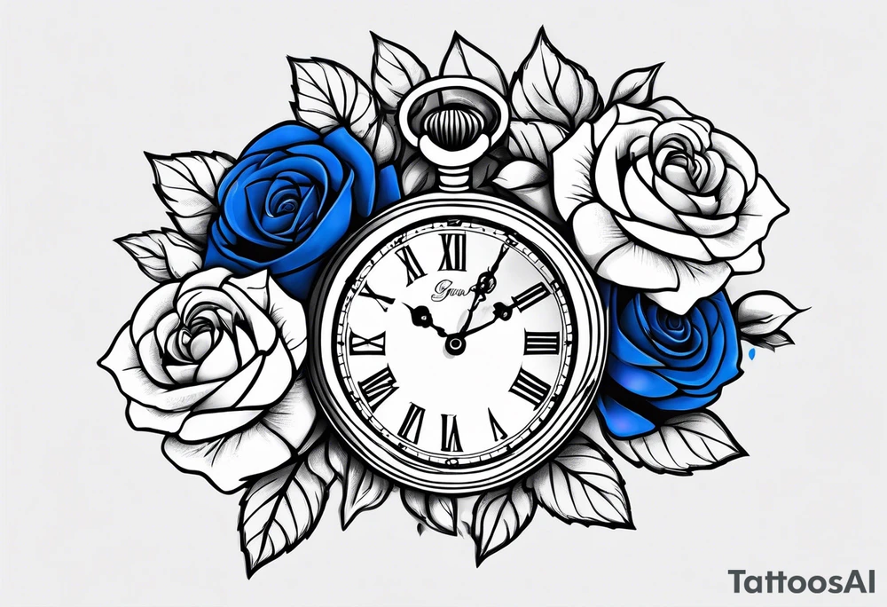 Pocket watch, banners, blue roses tattoo idea