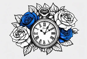 Pocket watch, banners, blue roses tattoo idea