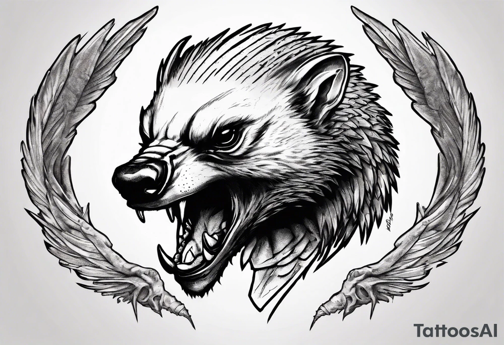 Angry, snarling, detailed honey badger with his face forward against the background of wings made of bones tattoo idea