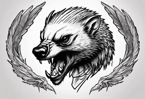 Angry, snarling, detailed honey badger with his face forward against the background of wings made of bones tattoo idea