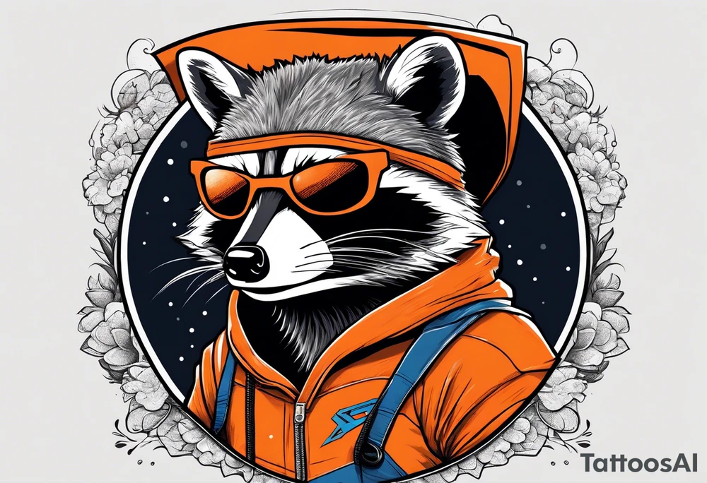 Raccoon wearing an orange Superman hoodie tattoo idea