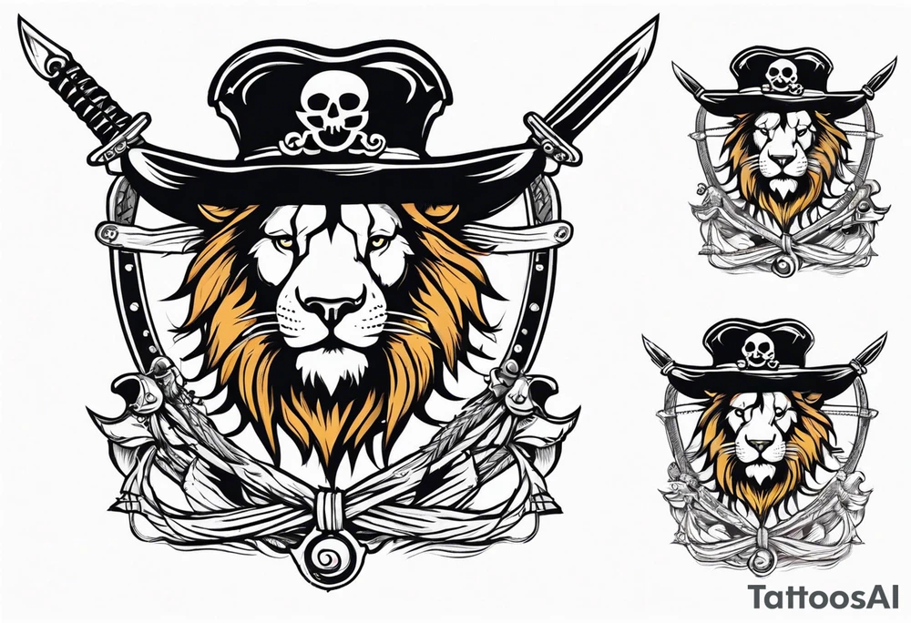 Pirate lion wearing jacket, sword and pistol, nautical steampunk theme. dreadlocks. pirate vessel tattoo idea