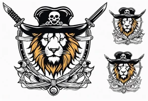 Pirate lion wearing jacket, sword and pistol, nautical steampunk theme. dreadlocks. pirate vessel tattoo idea