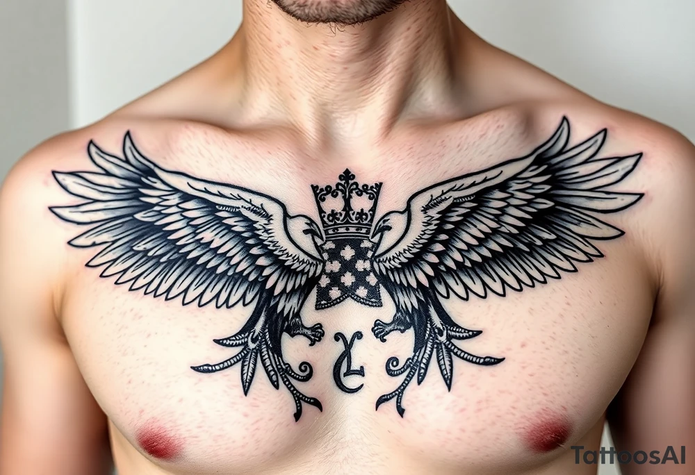 Chest tattoo,powerful two symetrical majestic eagles, surrounded by lure ornaments , between eagles a crown tattoo idea