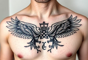 Chest tattoo,powerful two symetrical majestic eagles, surrounded by lure ornaments , between eagles a crown tattoo idea