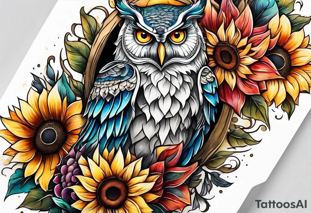 Leg sleeve with colorful sunflowers and an owl tattoo idea