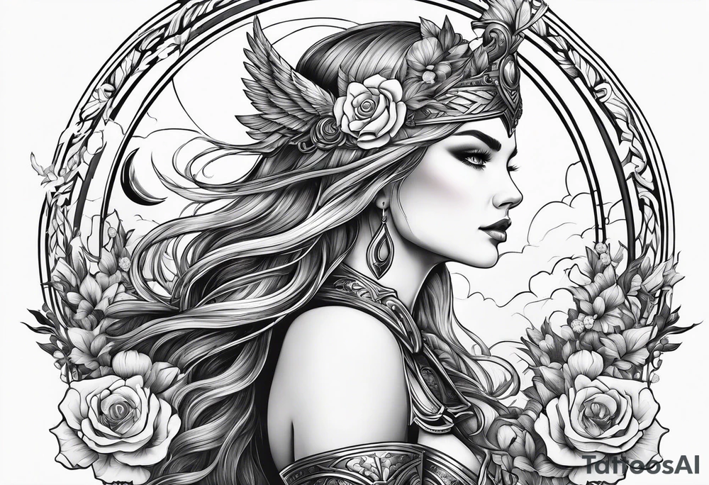Valkyrie with flowers and moon tattoo idea