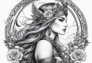 Valkyrie with flowers and moon tattoo idea
