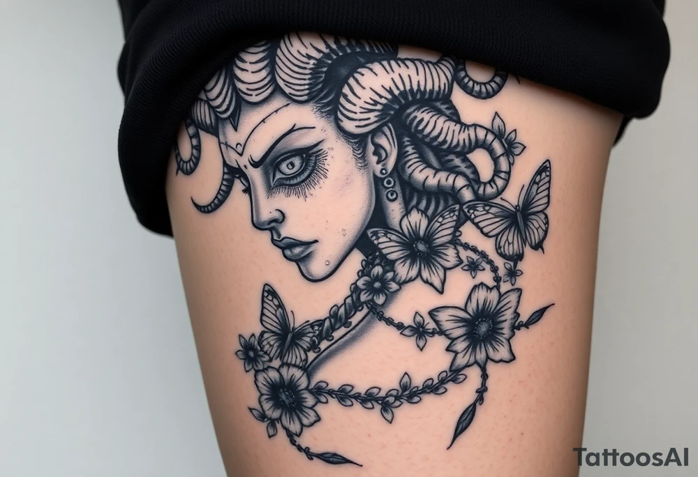 Medusa tattoo, she is standing on the side turning her head against the front with her White eyes! Flowers and butterflyes stouby her tattoo idea