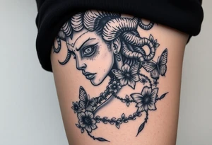 Medusa tattoo, she is standing on the side turning her head against the front with her White eyes! Flowers and butterflyes stouby her tattoo idea