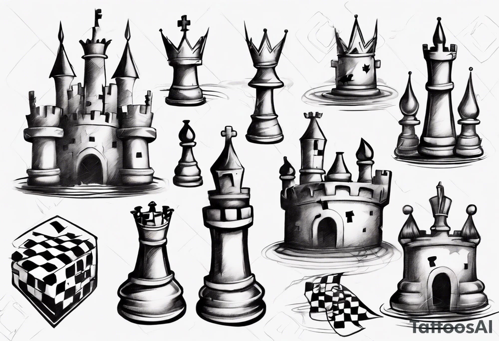 a castle from chess that is mostly sketched out tattoo idea