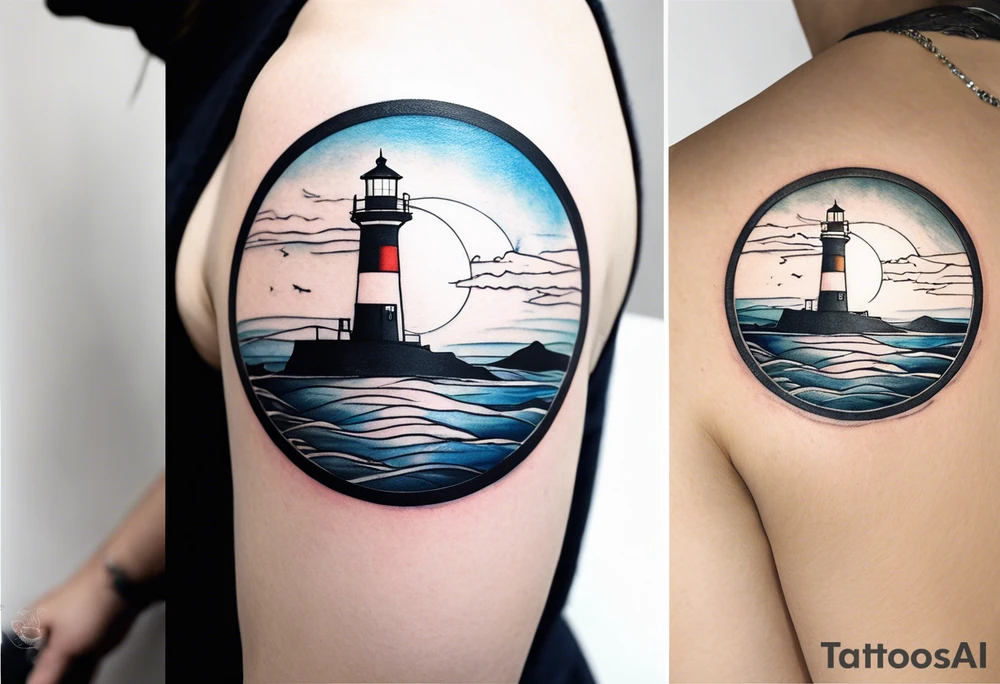lighthouse a bit realist, evening, circle framed and ocean tattoo idea