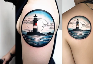 lighthouse a bit realist, evening, circle framed and ocean tattoo idea