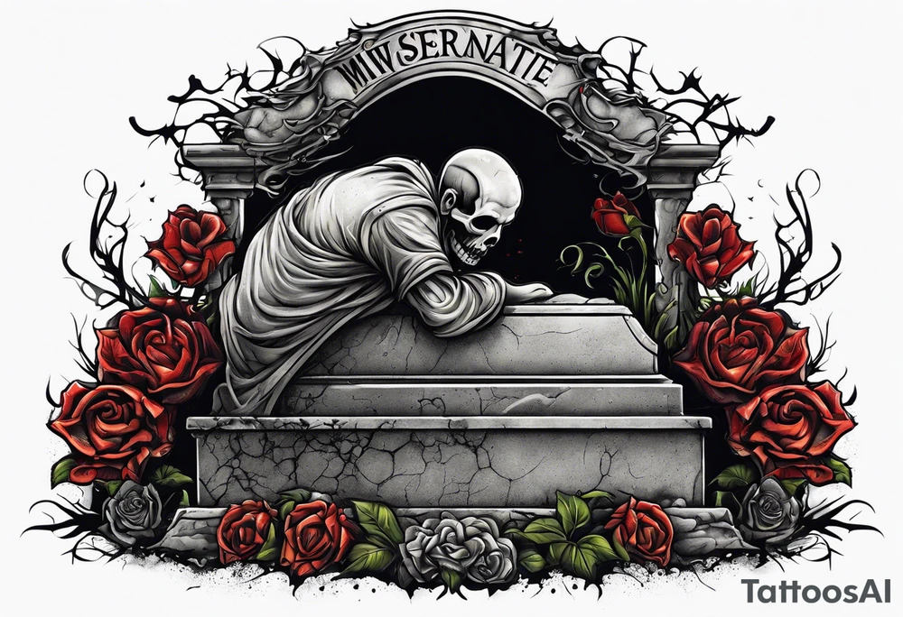 Man crawling out of grave. 
MIW Reincarnate written on gravestone tattoo idea