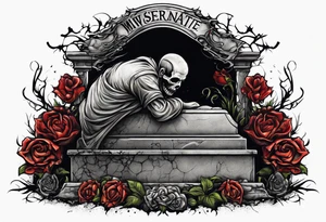 Man crawling out of grave. 
MIW Reincarnate written on gravestone tattoo idea
