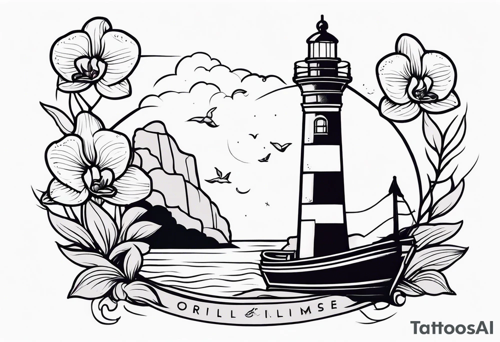 Lighthouse with an anchor and orchids tattoo idea