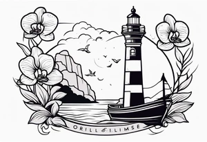 Lighthouse with an anchor and orchids tattoo idea