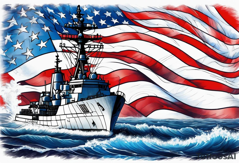 US Navy Ships and huge american flag sleeve tattoo idea