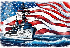 US Navy Ships and huge american flag sleeve tattoo idea