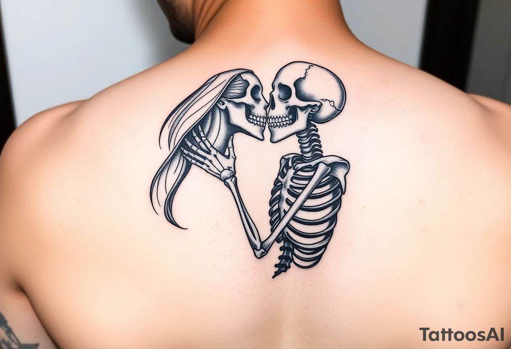 A lady passionately kissing a skeleton tattoo idea