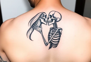 A lady passionately kissing a skeleton tattoo idea