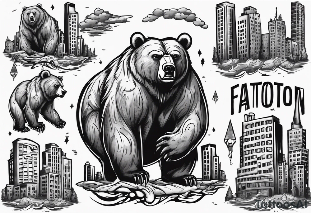 Serious bear coming up behind a city tattoo idea