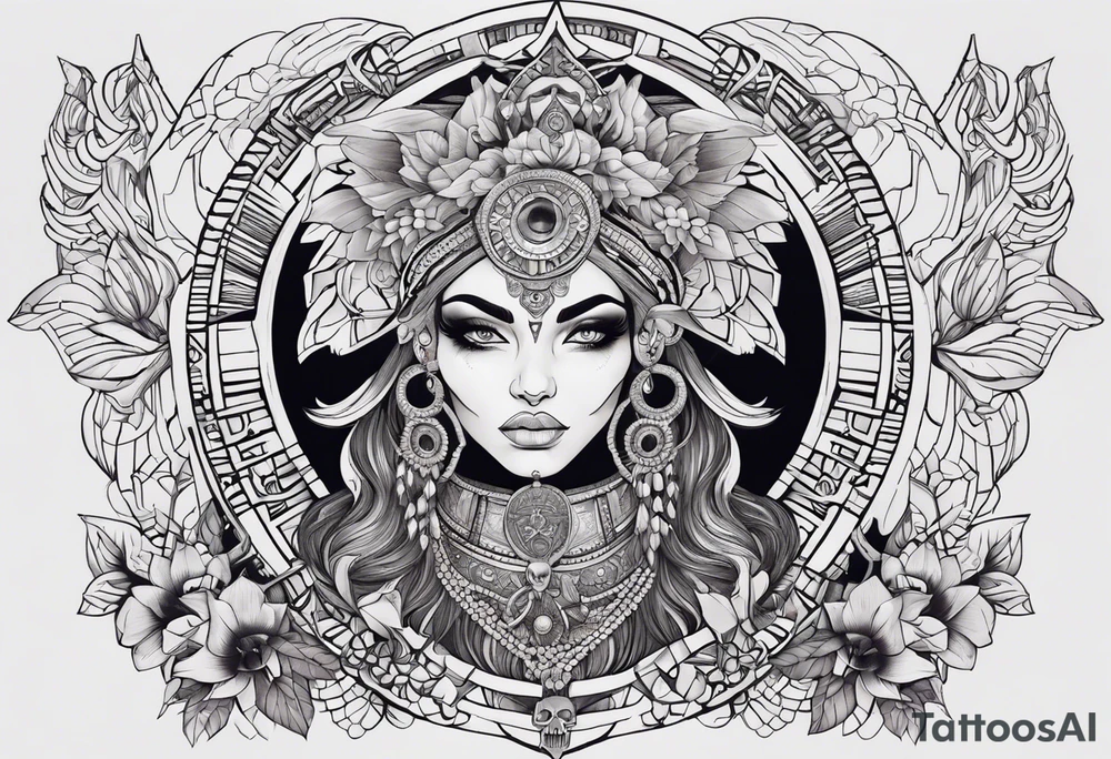 kali ma, alien goddess, valkrye, aries, pirate, divine feminine, zenza resonance, pachamama, lotus azul, blank panther, eagle, skull, 5D, nueva gaya, dna 12 tattoo idea