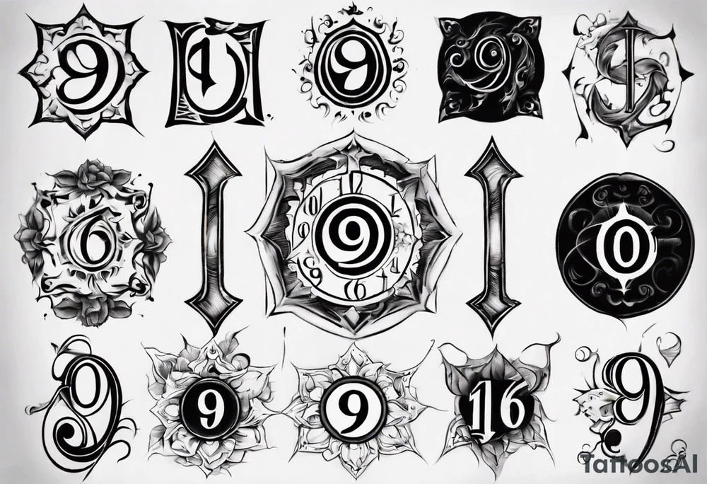 number 9 right side up and upside down connected tattoo black and grey on inside forearm 9:16 aspect ratio tattoo idea