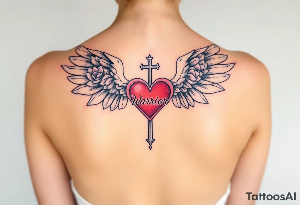 lotus flowers beautiful angel wing with word "Warrior" bold heart majestic cross tattoo idea