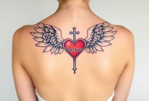 lotus flowers beautiful angel wing with word "Warrior" bold heart majestic cross tattoo idea