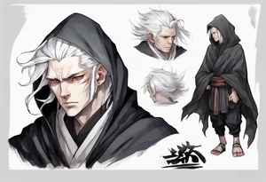 a pale gaunt man with white hair, grey eyes, and black hooded cloak. tattoo idea