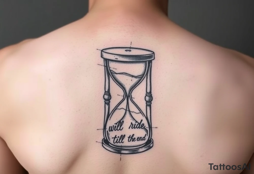 A broken hourglass what the sand transforming into hards with the words I will ride till the end. tattoo idea