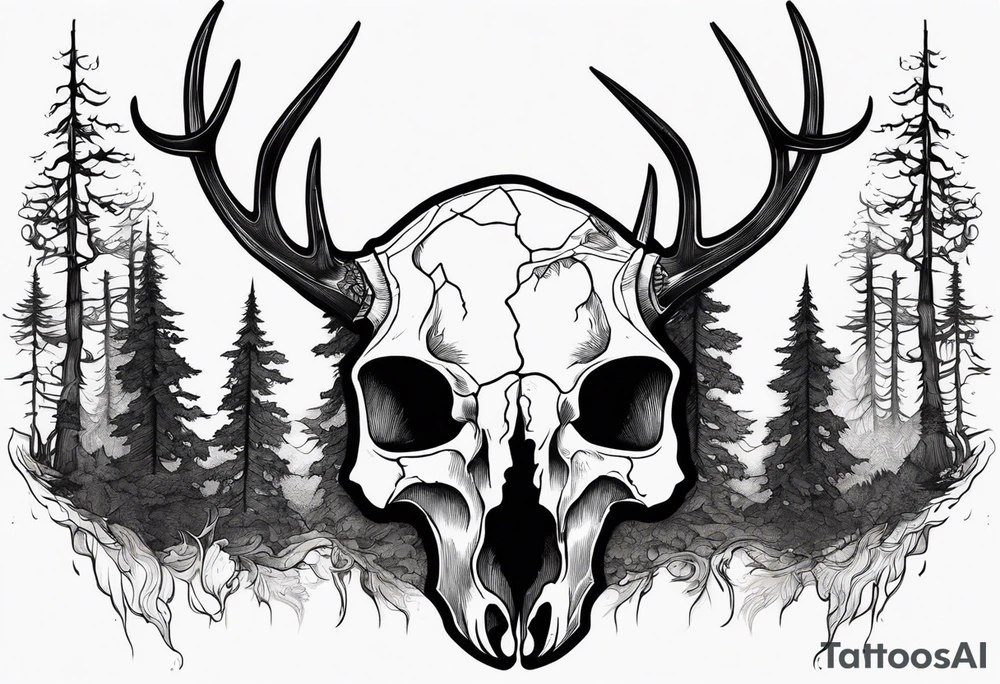scary side view of a DECAYING deer skull JUST BONE surrounded by a forest fire in background tattoo idea