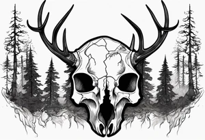 scary side view of a DECAYING deer skull JUST BONE surrounded by a forest fire in background tattoo idea
