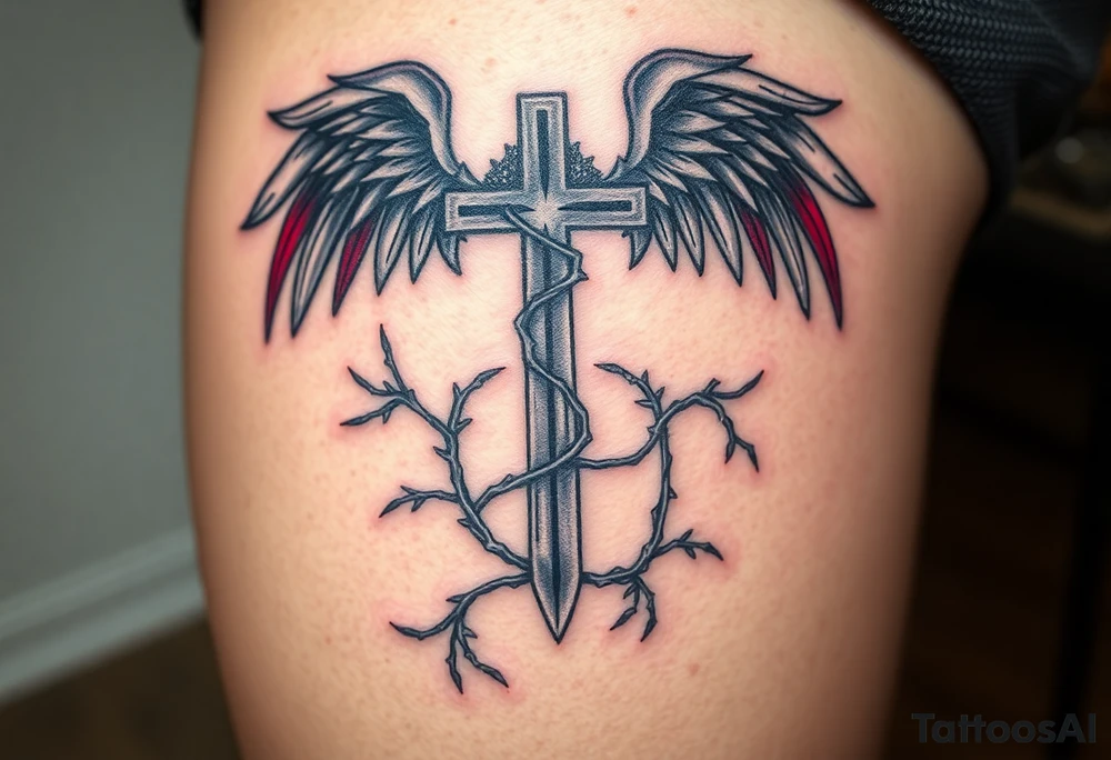 A cross wrapped in thorny vines, with dark angel wings in deep gray and blood-red accents tattoo idea