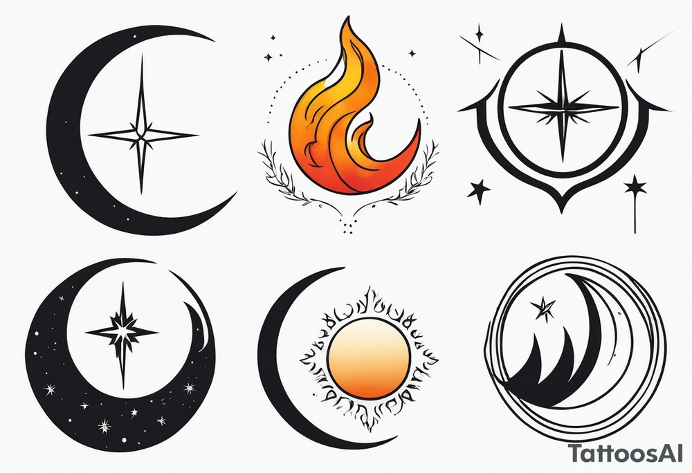 explore symbole 
sacred crescent moon 
glyph 
fire symbol 
celestial tattoo idea