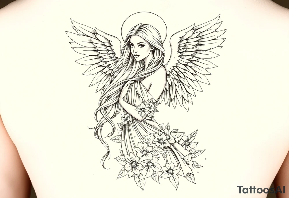 .


🌟 Image 2: Angelic Woman Tattoo Design
 
A beautifully detailed pencil sketch of an angelic woman with long flowing hair and magnificent feathered wings. She wears a flowing, nature-inspired gown adorned with floral and leaf patterns, blending elegance and divine femininity. Her expression is serene yet strong. The feathers and fabric flow gracefully around her, creating a sense of lightness and movement. The black-and-white pencil drawing gives it a timeless, classical tattoo appeal.

Keywords: angel woman, divine beauty, feathered wings, floral gown, feminine strength, heavenly figure, pencil sketch, classic tattoo tattoo idea