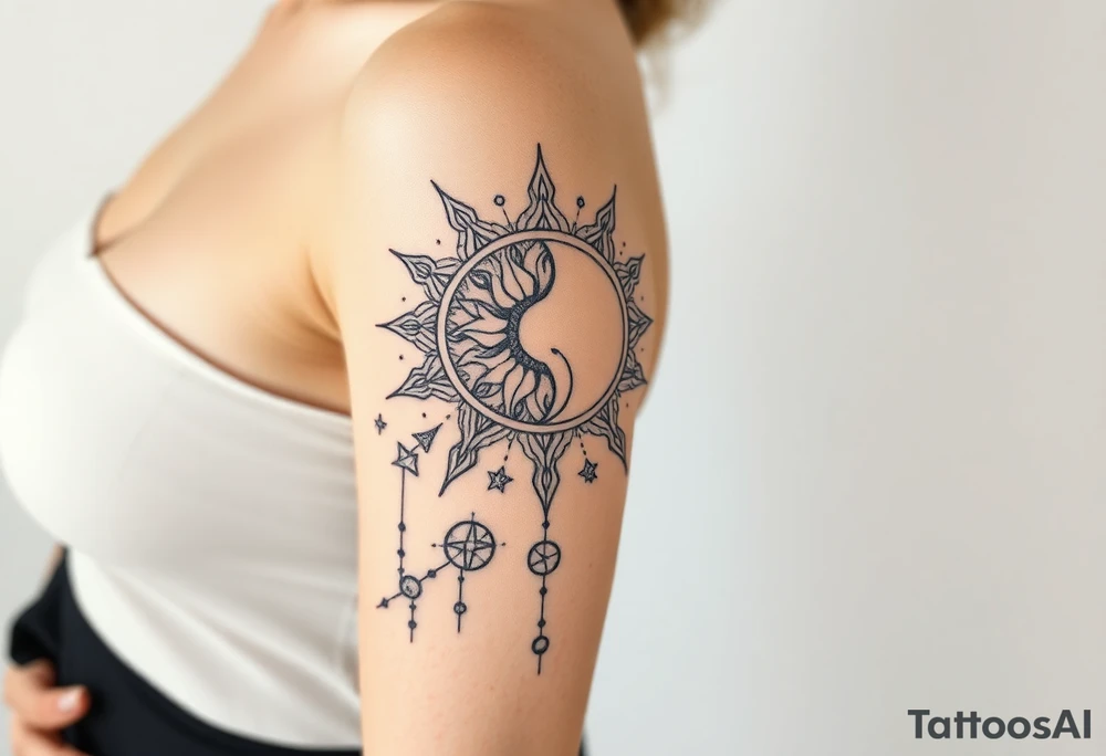 celestial sun and moon with constellation patterns runes in starry sky tattoo idea