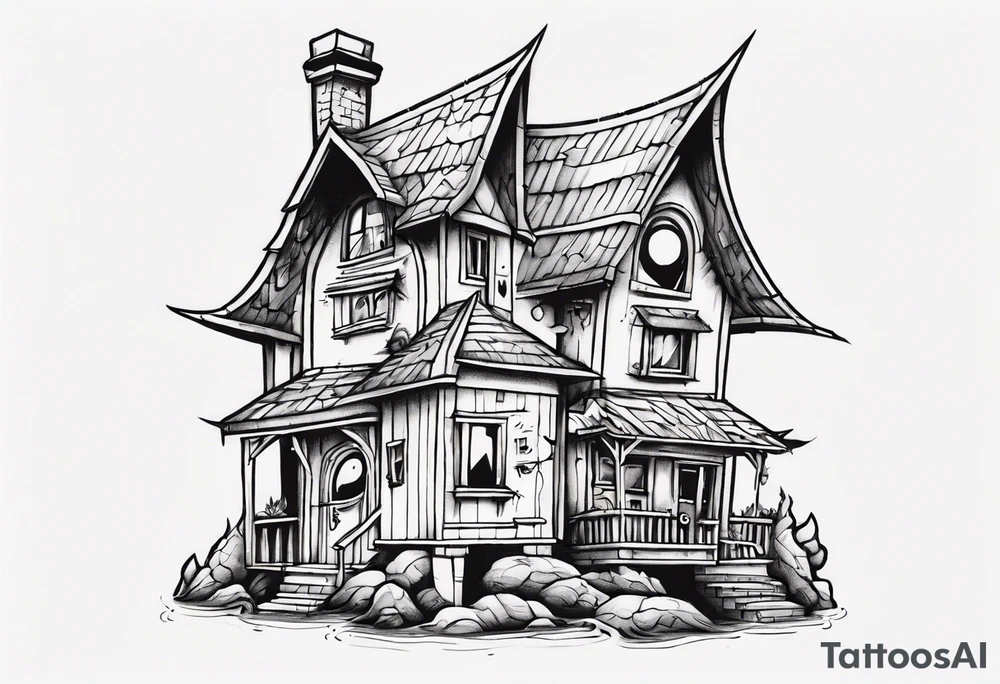 A little house with a monster coming out of its pointy roof tattoo idea