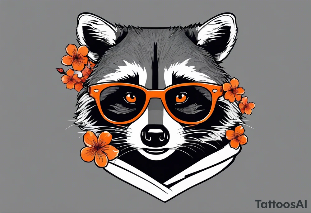 Raccoon wearing a white Superman logo on a black hoodie and orange Japanese cherry blossoms tattoo idea