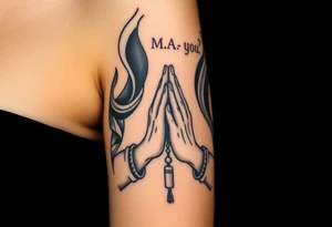 Chicano style woman with praying hands and rosary in hands tattoo idea