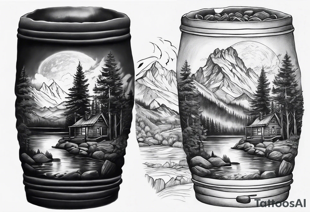 I want a forearm sleeve tattoo that has a cabin in a firepit in it. It needs to be darker towards the top tattoo idea