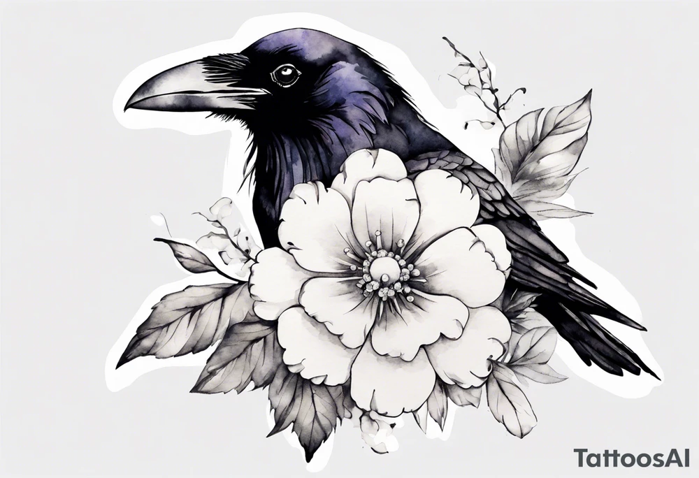 a raven with a white flower cap tattoo idea