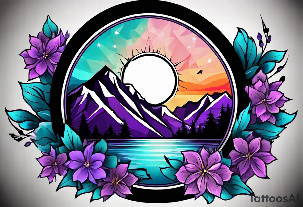 I’d like a half sleeve tattoo on my shoulder. It features a mountain range, with a compass rose rising up from behind the mountain like a sunrise. In front of the mountains, there are purple and teal flowers. tattoo idea