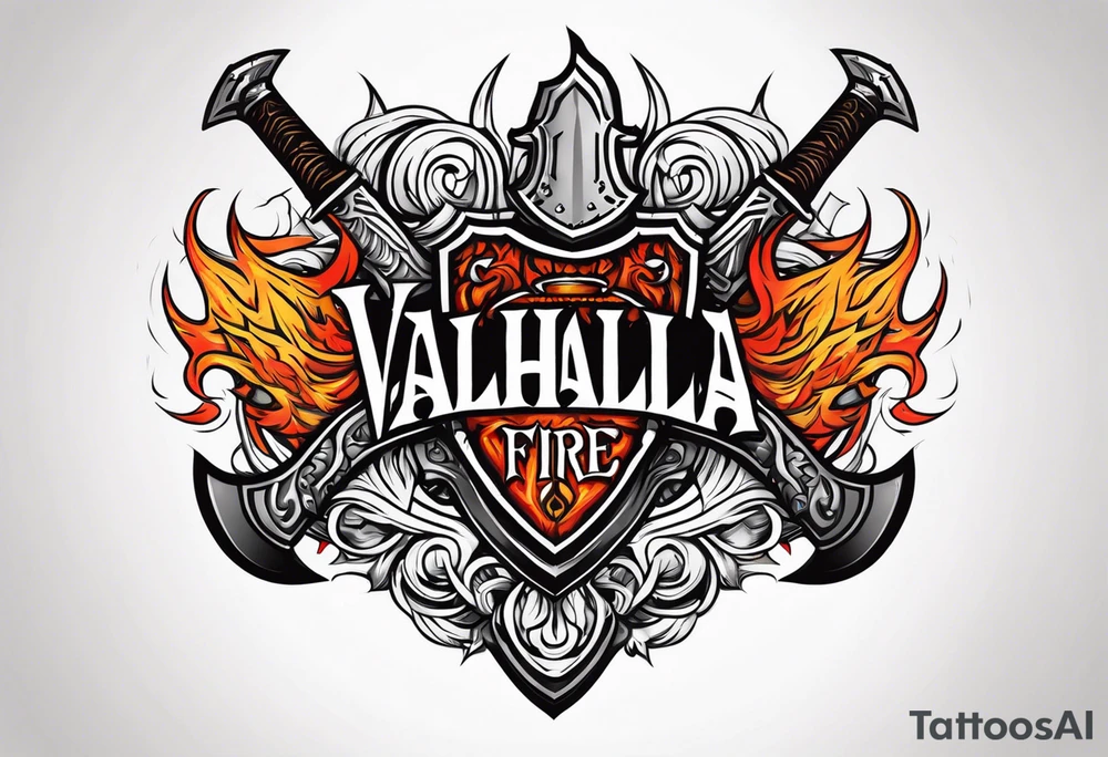 valhalla on fire sword shield axe tattoo idea