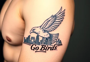 Philadelphia Eagle flying over Philadelphia city skyline faded with a Go Birds under it tattoo idea