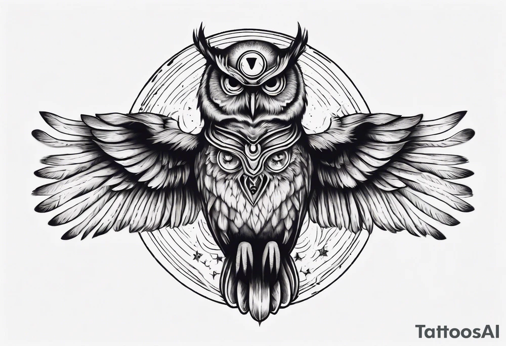 Wise Crowned Owl with the third eye flying towards the Dark Moon. tattoo idea Wise Crowned Owl with the third eye flying towards the Dark Moon. tattoo idea