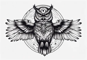 Wise Crowned Owl with the third eye flying towards the Dark Moon. tattoo idea