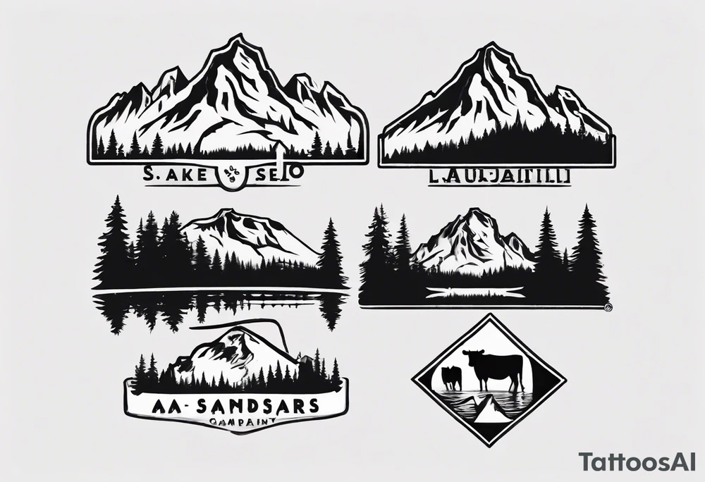 A logo for an outdoors company that includes an "S" and an "M". Includes a mountain, a lake, some trees, and a cow tattoo idea