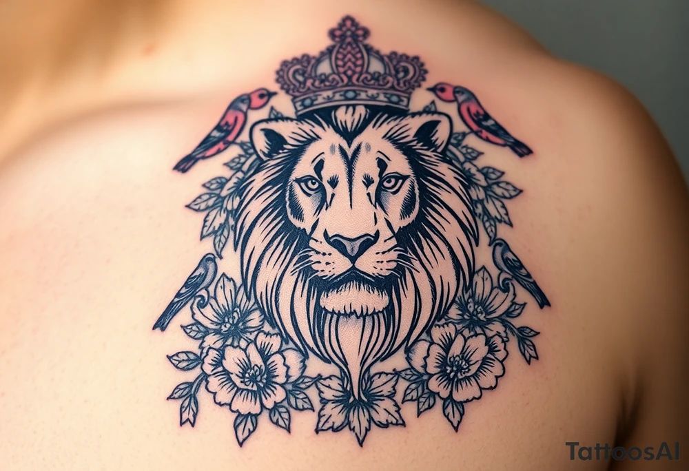 powerful majestic lion with a crown, surrounded by floral ornaments and birds tattoo idea